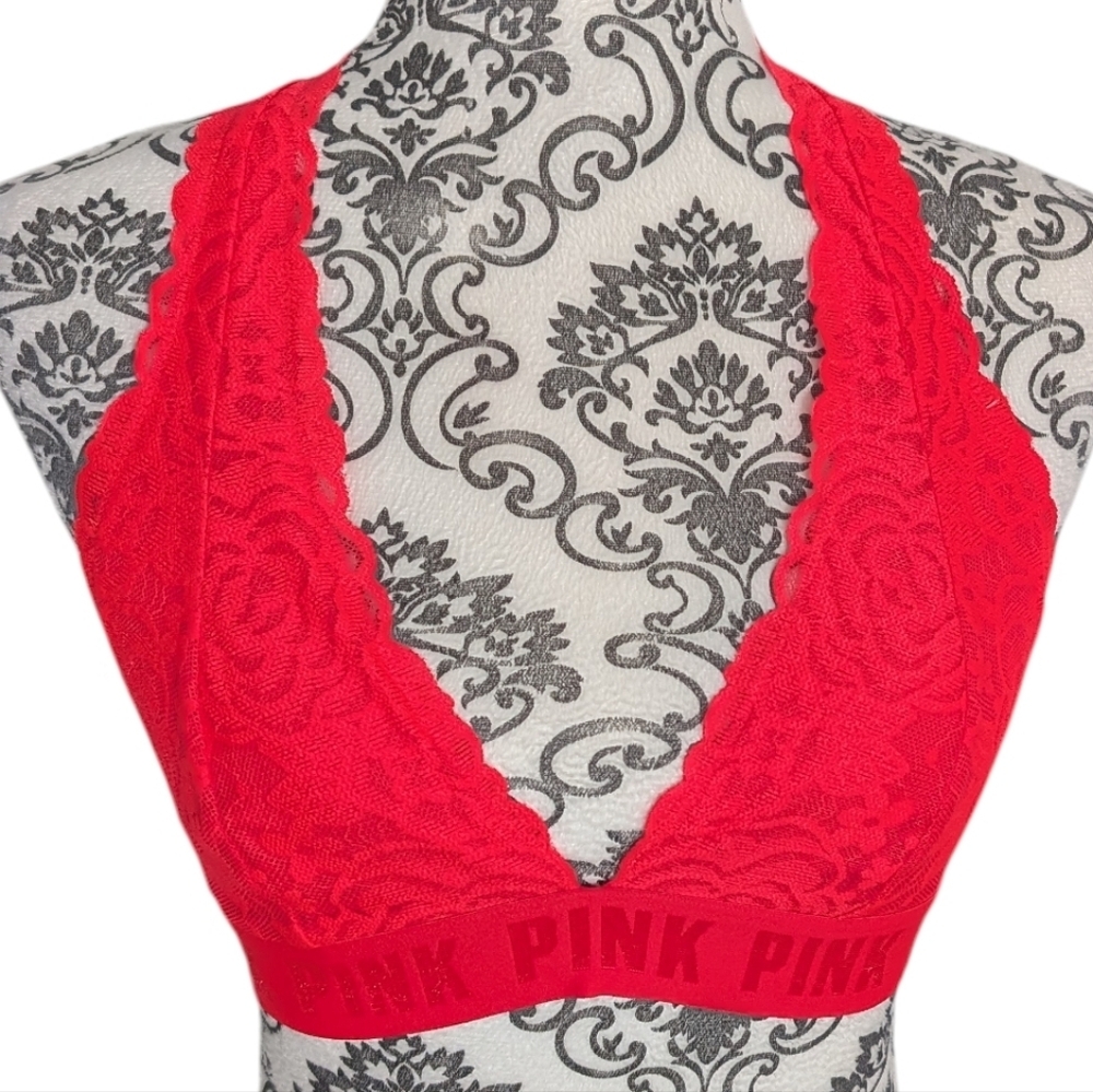 Victoria Secret PINK Lace Bralette Red Floral Wireless Women Medium